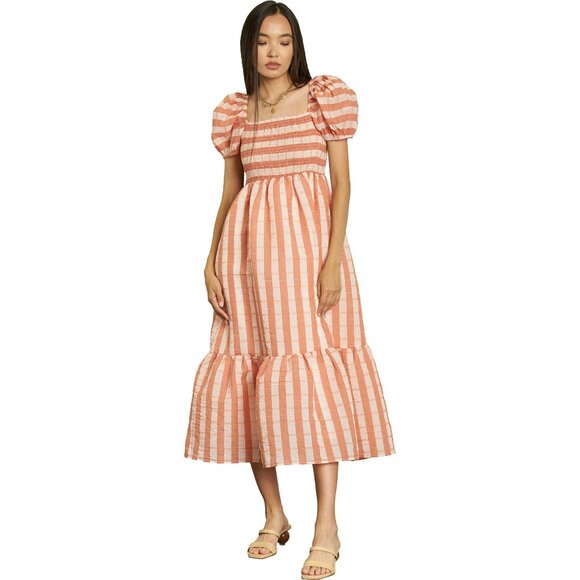 DRA Los Angeles Dresses & Skirts - dRA Los Angeles NWT Sz S Peach Stripe Smocked Organza Midi Dress Puff‎ Sleeve